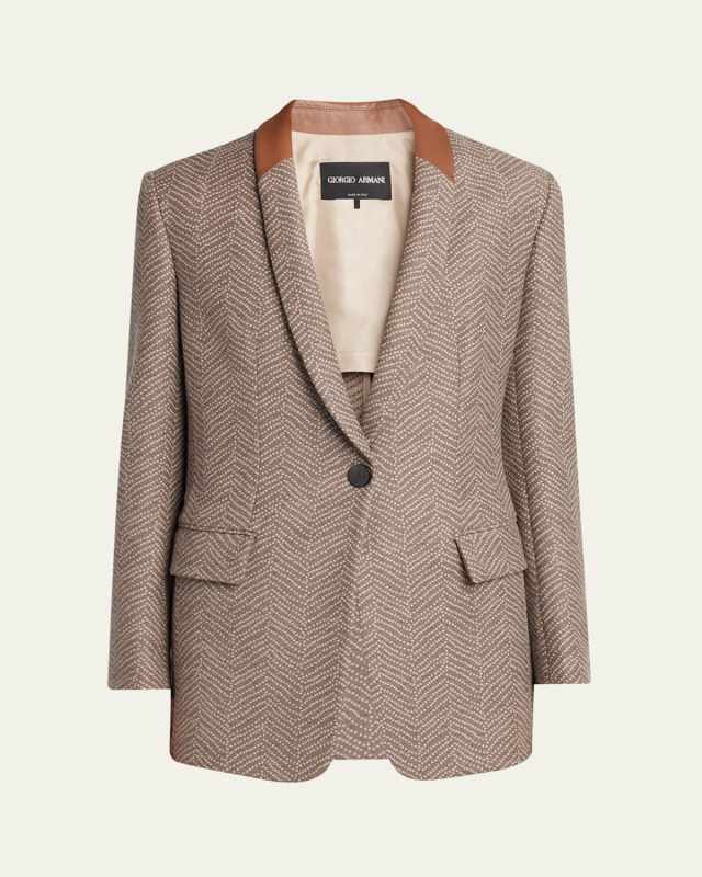 Chevron Wool Single-Breasted Blazer with Leather Trim